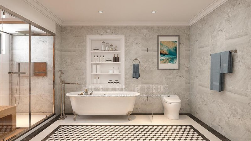 Bồn tắm độc lập Vitoria Hafele cao cấp kết hợp cùng cách thiết kế khoa học, thẩm mỹ từ đá ốp tường, gạch lát nền giả cổ, vách tắm kính đã tạo nên không gian phòng tắm đẹp, sang trọng, độc đáo. đá ốp phòng tắm cao cấp