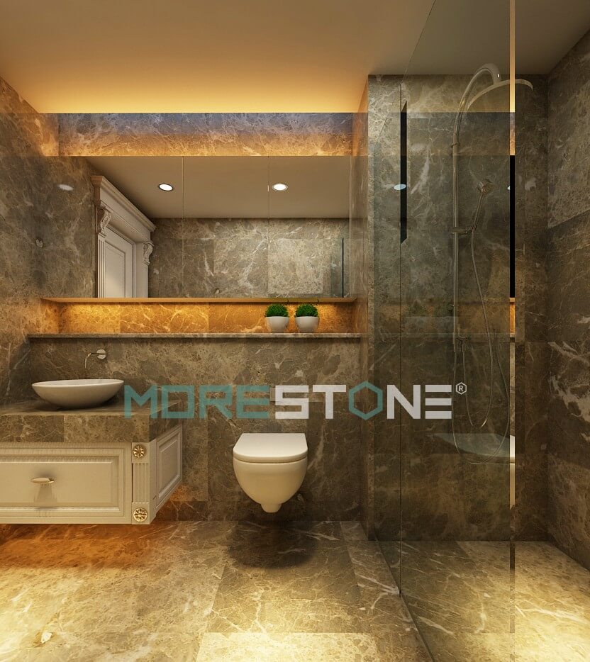 Đá tự nhiên marble xám vân mây là sự lựa chọn tuyệt vời cho các thiết kế phòng tắm biệt thự, chung cư, nhà phố đá ốp phòng tắm cao cấp