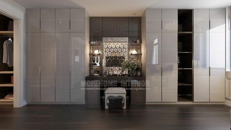 Sự kết hợp hài hòa giữa tủ quần áo gỗ Acrylic màu trắng hiện đại và khu vực trang điểm đẹp mắt và ấn tượng