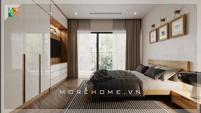 Mẫu tủ quần áo kịch trần cánh mở từ gỗ công nghiệp acrylic với tính chất bóng gương tạo sự sang trọng trong không gian phòng ngủ phong cách hiện đại