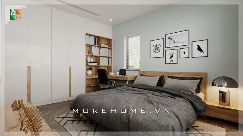 Thiết kế tủ quần áo cánh mở gỗ Acrylic kết hợp giá để sách và bàn làm việc vừa thẩm mỹ vừa tạo sự tiện lợi khi sử dụng